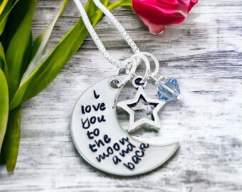 I love you to the moon and back necklace with birthstone crystals mother necklace personalized necklace hand stamped necklace mother mom