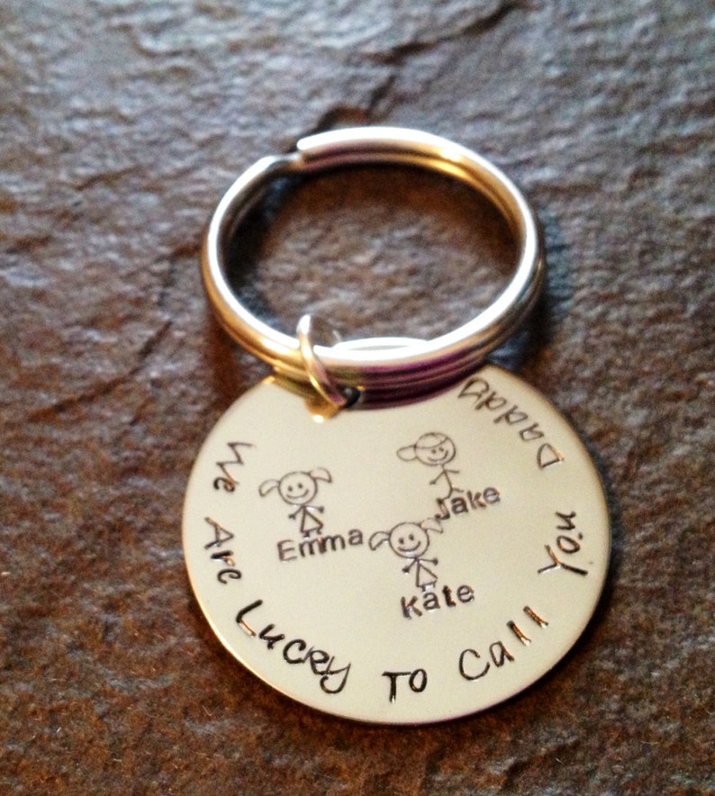 Hand stamped dad mom grandpa grandma mommy family keychain with stick figure kids personalized