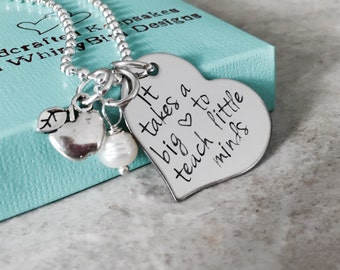 Personalized teacher necklace it takes a big heart to teach little minds apple charm teacher appreciation teacher gift