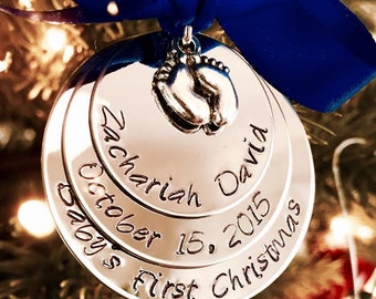 SALE!! Personalized Baby's First Christmas Ornament with baby feet charm hand stamped first Christmas baby feet ornament personalized custom