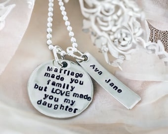Marriage made you family but love made you my daughter hand stamped personalized necklace stepdaughter stepmom wedding gift monogrammed