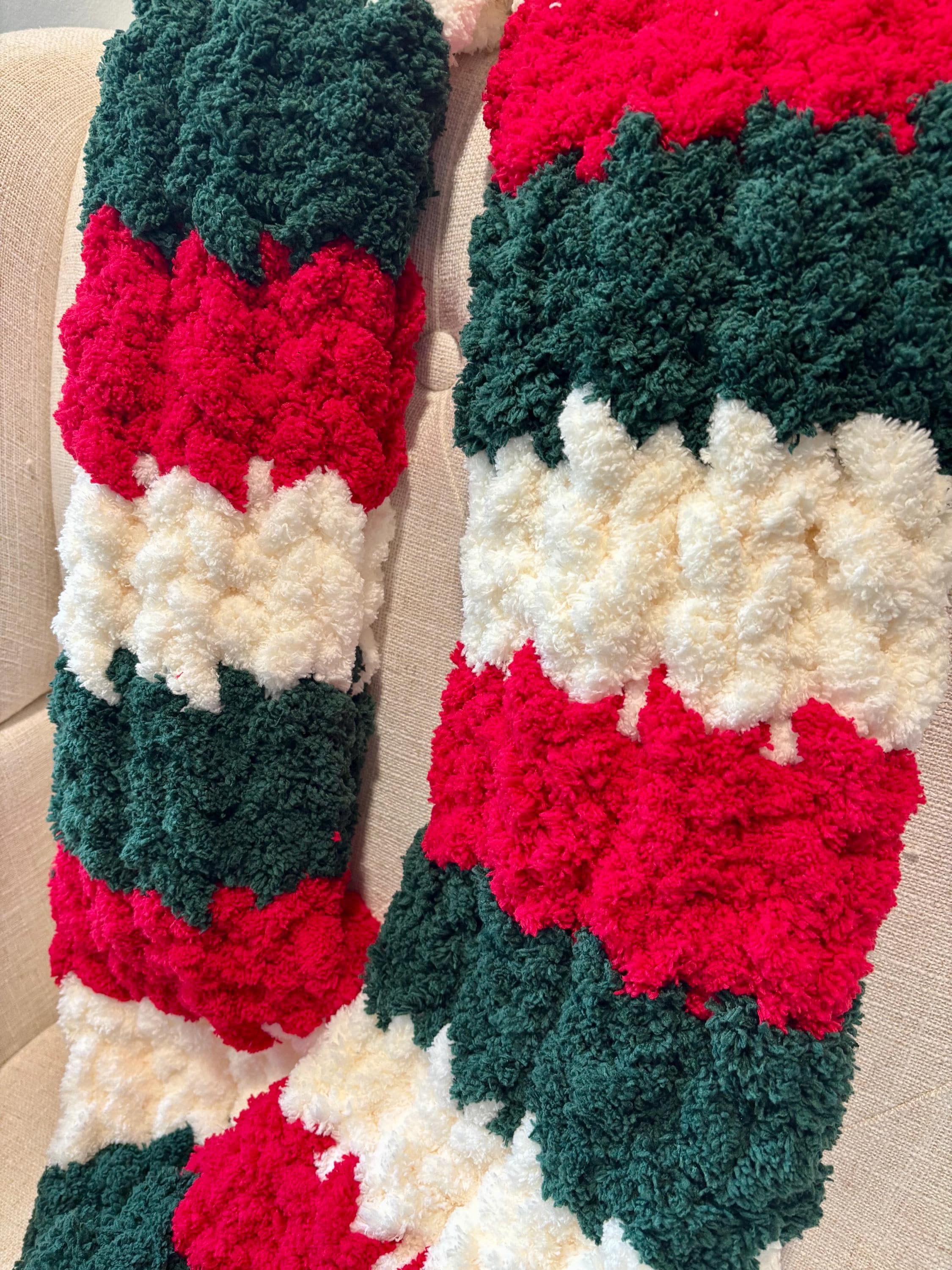 Hand Knit Chunky Christmas Scarf - Red Green Cream Chenille - Etsy