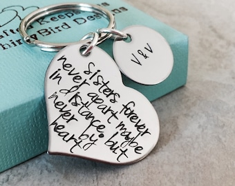 Sisters forever never apart maybe in distance but never at heart personalized keychain sister keychain sister jewelry distance I miss you