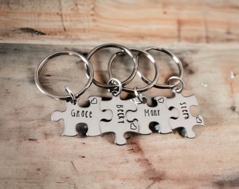 hand stamped personalzied bridal party gifts personalized gifts bridesmaids gifts sister gifts puzzle piece monogrammed keychain set