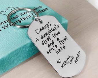 Hand stamped personalized dad keychain daddy a sons first hero a daughters first love personalized dog tag