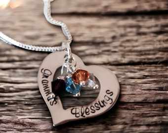 Personalized grandma's blessings open heart necklace with Swarovski crystal birthstones mom's blessings custom monogrammed birthstone