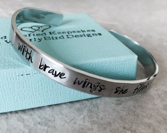 Sale personalized cuff bracelet with brave wings she flies custom hand stamped bracelet encouragement gift bravery gift for little girl