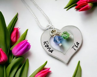Hand stamped personalized custom mothers necklace grandmas necklace with birthstone crystals