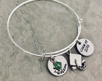Hand stamped personalzied graduation bracelet graduation gift class of bangle bracelet with name charm swarovski crystal high school college
