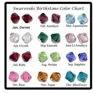 May include: A chart showing the Swarovski birthstone colors for each month of the year. The chart shows a pair of small, faceted crystals for each month, with the month and birthstone name listed below each pair. The birthstones are: Garnet, Amethyst, Aquamarine, Crystal, Emerald, Light Amethyst, Ruby, Peridot, Sapphire, Rose, Topaz, and Blue Zircon.