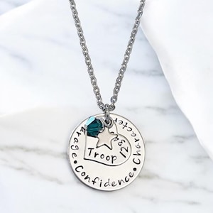 Personalized Courage Confidence Character Girl Scout Gift Girl Scout troop gift custom handmade jewelry necklace with name and birthstone