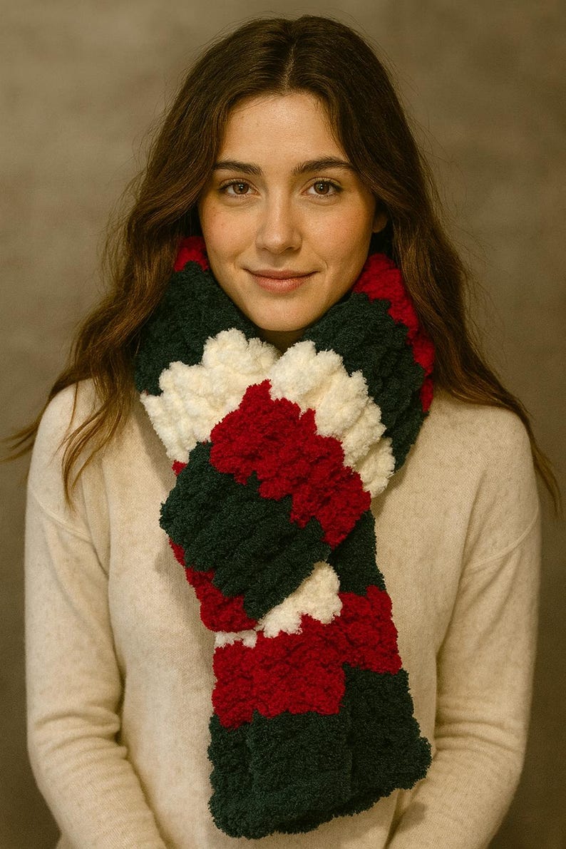 Hand Knit Chunky Christmas Scarf - Red Green Cream Chenille - Etsy