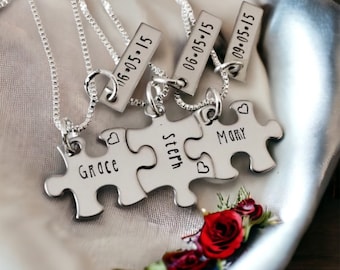 Set of personalized puzzle piece necklaces with names and date bridesmaid gifts sisters wedding gifts wedding custom jewelry monogrammed