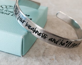 Sale custom cuff bracelet give God your weakness and he will give you his strength monogrammed bible verse personalized cuff bracelet