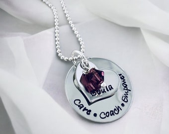 Doula Necklace Care Coach Empower Personalized Doula gift midwife pregnancy custom jewelry monogrammed with birthstone