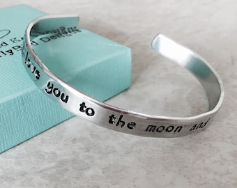 Sale!  I love you to the moon and back bracelet personalized jewelry mothers jewelry hand stamped engraved cuff bracelet Christmas mother