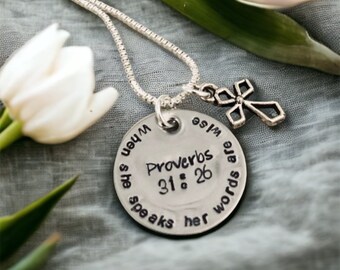 When she speaks her words are wise Proverbs 31:26 bible verse necklace personalized teacher necklace encouragement she believed she could