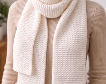Hand Knit White Scarf Chunky Winter Scarf Christmas scarf 60x6 Inch cozy Handmade gift unisex scarf