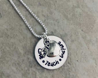 Love Teach Inspire teacher necklace gift for teacher appreciation gift teacher week necklace with apple charm personalized teacher gift
