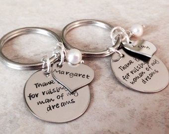 Set of mother in law keychains mother in law necklaces thank you for raising the man of my dreams woman of my dreams personalized necklace