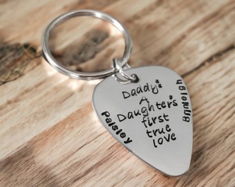 Daddy a daughters first love keychain personalized hand stamped personalized dad keychain gift for dad father's day gift guitar pick daddy