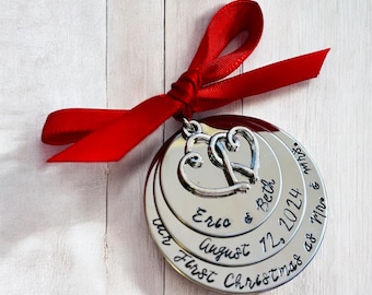 Personalized First Christmas Ornament our first christams as Mr and Mrs Husband and wife first christmas married engagement ornament heart