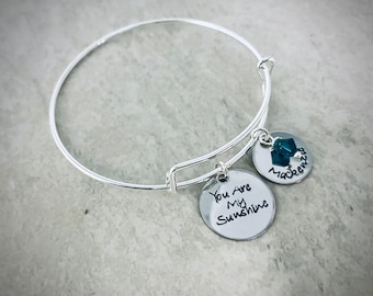 You are my sunshine personalized bangle bracelet with children's names and swarovski birthstones custom bracelet for mom jewelry kids names