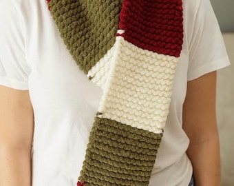 Chunky Color Block Knit Scarf | Soft Velvety Demi Purl Yarn | 6x60 Handmade Winter Scarf | Cozy Neutral Red Green Ivory Christmas Scarf