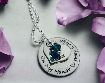 Personalized On My Honor Necklace Girl Scout Gift Girl Scout troop gift custom handmade jewelry silver necklace with name and birthstone
