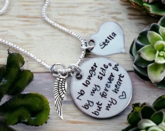 Personalized necklace no longer by my side but forever in my heart pet loss of per parent loss of friend memorial jewelry remembrance angel
