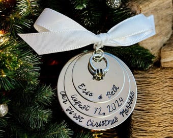 Our first Christmas ornament first Christmas married Christmas tree ornament Mr and Mrs Husband and wife wedding gift first engagement ring
