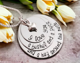 I love you a bushel and a peck and a hug around the neck hand stamped necklace with puffed heart charm custom gift for her mothers day gift
