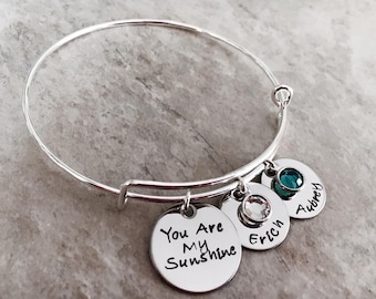 You are my sunshine personalized bangle bracelet with children's names and swarovski birthstones custom bracelet for mom jewelry kids names