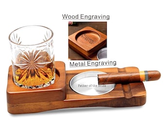 Personalized Whiskey Glass Tray ,Cigar Holder ,Wooden Cigar Ashtray, Cigar Accessory Set-Retirement Gift for Father, Dad, Husband, Boyfriend