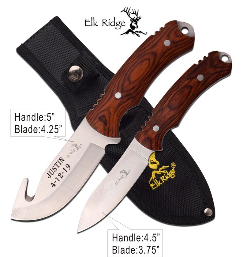 Christmas gift for men, him-Personalized Engraved Rescue Hunting Knife, Gut Knife Rosewood handle Set of 2 knives /Free pouch image 2