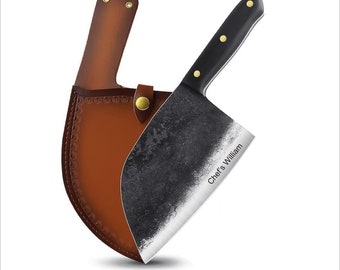 Personalized Serbian Chef Knife: Hand Forged Meat Cleaver with Sheath