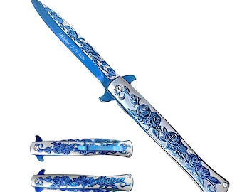Engraved Blue Rose Folding Knife: Personalized Tactical Pocket Knife