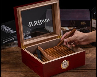 Valentines Anniversary Gift-Personalized Cigar Humidor for 30-50 Cigars /Humidifier ,Hygrometer, Custom Engraved Wood Cigar Box Storage Case
