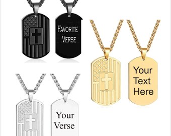 Personalized Dog Tag Necklace, Bible Verse, Black Gold Silver Options