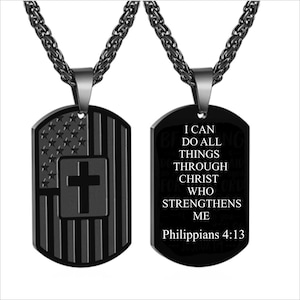 Personalized American Flag Dog Tag Necklace: Bible Verse Pendant, Religious Gift