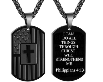 Personalized Black Dog Tag Necklace, Bible Verse, American Flag, Christian Gift
