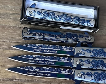 Personalized Groomsmen Gift: Engraved Blue Rose Tactical Folding Knife