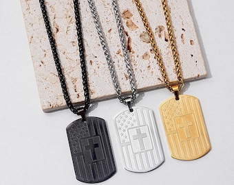 Personalized Dog Tag Necklace, Bible Verse, American Flag, Christian Gift