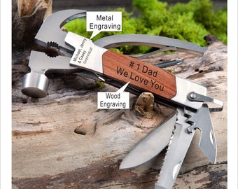 Father 's , Anniversary, First Dad gift for him, gift for men-Personalized Engraved Custom Rescue Pocket Hammer with multi-tool -Wood handle