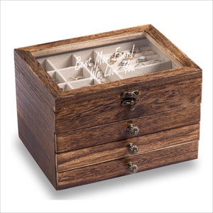 Personalized Wooden Jewelry Box 4 Layers Vintage Organizer, Custom Engraved Clear Lid Wood Jewelry Case, Storage-Mother&#39;s Day Gift for Mom