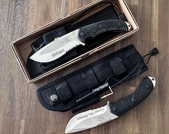 Personalized Hunting Knife – Engraved Serrated Fixed Blade with Fire Starter