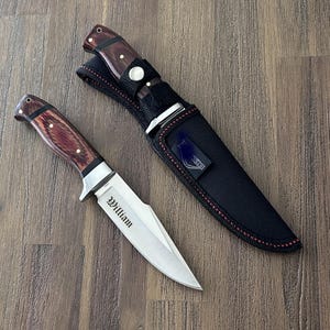 Personalized Men Hunting Camping Knife, Custom Engraved Rosewood handle Knife -Anniversary, Valentines Day Gift for Husband, Boyfriend.