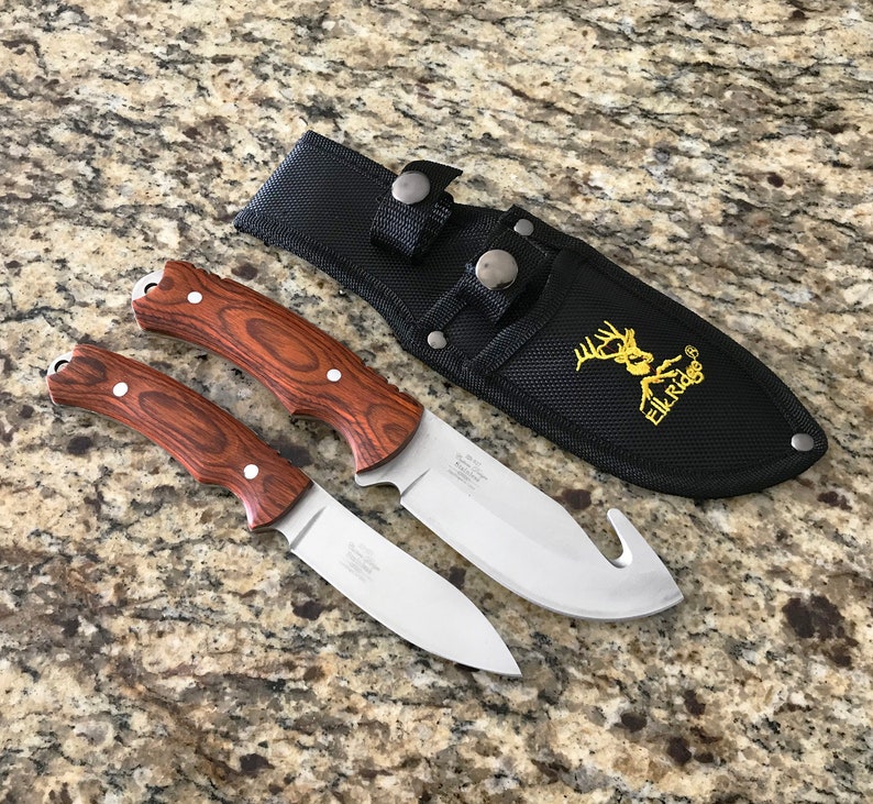 Christmas gift for men, him-Personalized Engraved Rescue Hunting Knife, Gut Knife Rosewood handle Set of 2 knives /Free pouch image 3