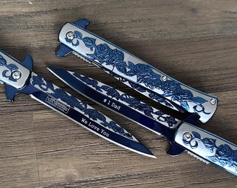 Personalized Blue Rose Tactical Pocket Knife – Engraved Folding Knife, Valentine's Gift