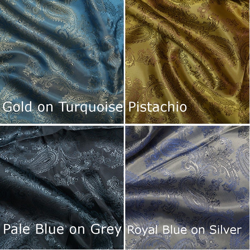 Pode incluir: Quatro amostras de tecido com padr&otilde;es paisley em diferentes combina&ccedil;&otilde;es de cores. As amostras s&atilde;o etiquetadas como "Ouro sobre Turquesa", "Pistache", "Azul claro sobre Cinza" e "Azul real sobre Prata".